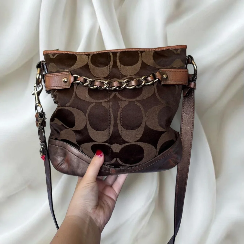 Y2K vintage Coach brown‎ signature chain crossbody bag soho hobo